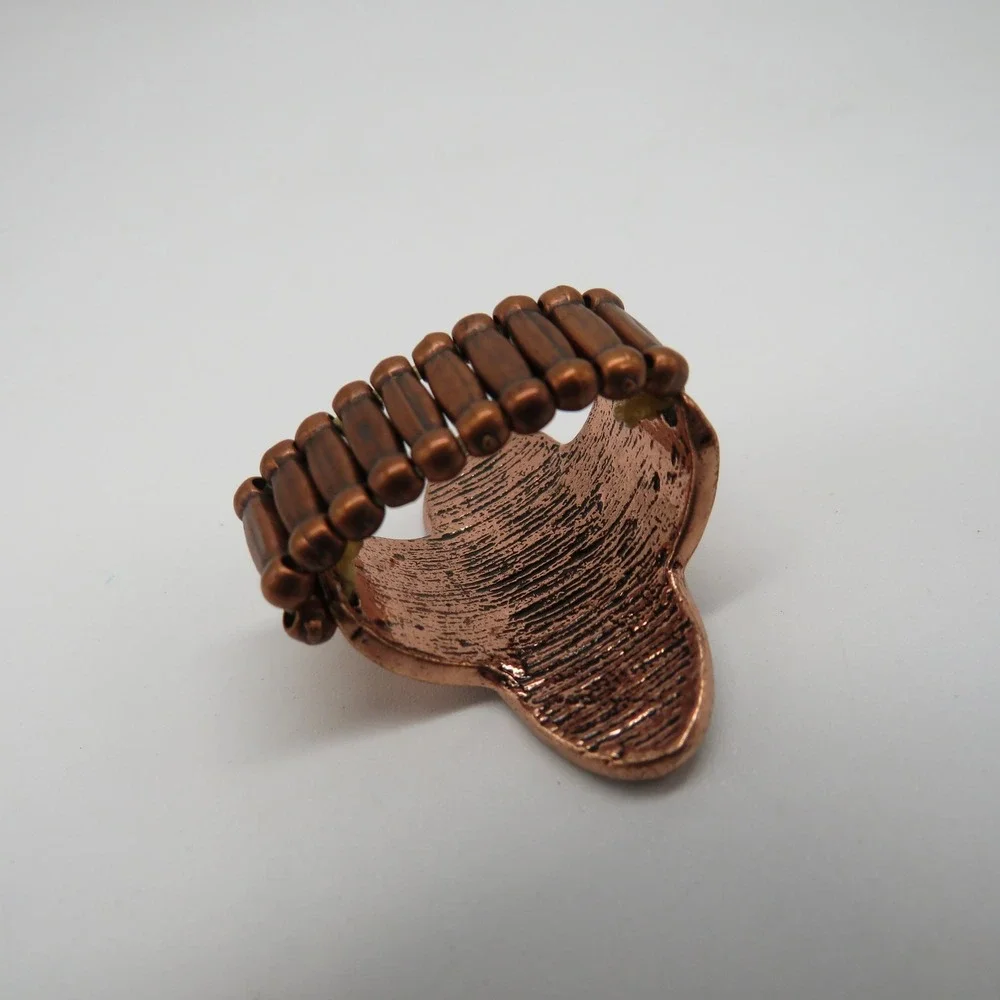 Antique Copper Tone Boho Shield Stretch Ring Size 7 Floral Beaded Statement